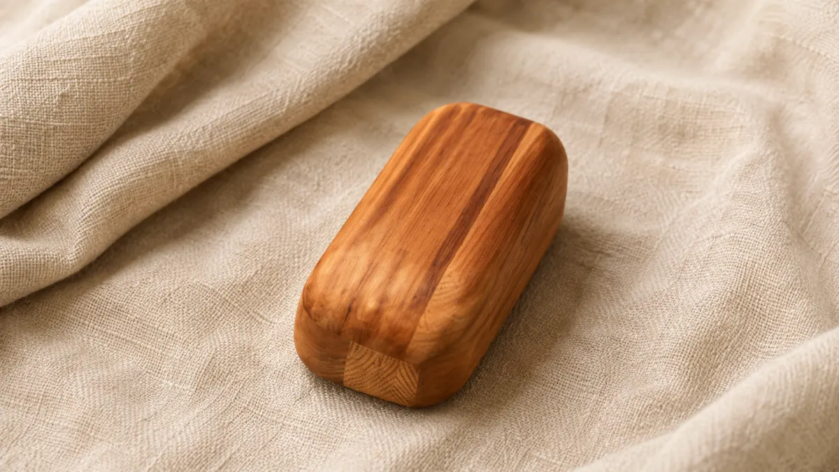 Close-up of a hand-finished cedar block for gentle fascia release practice