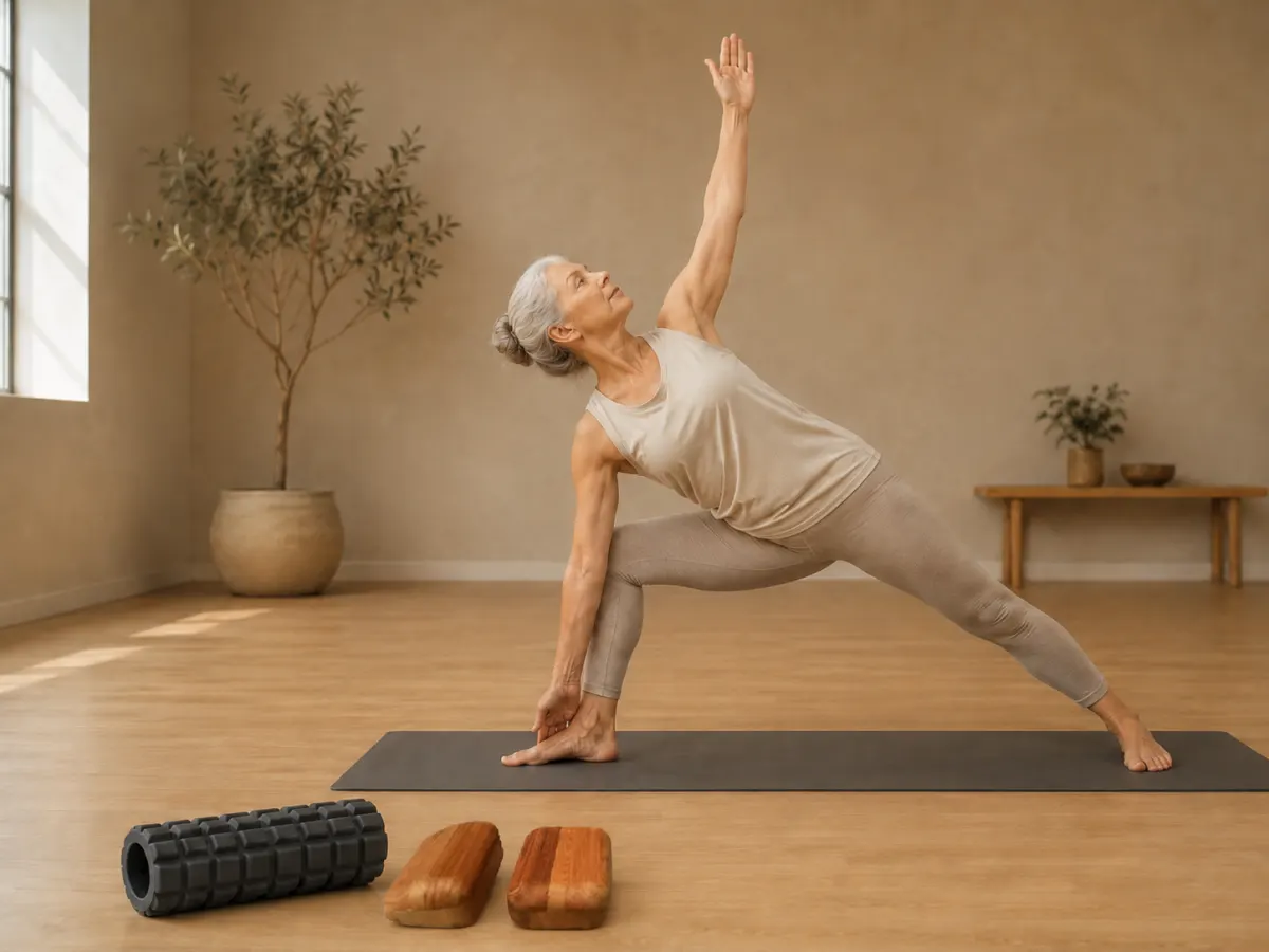 Woman in a yoga pose with a foam roller and cedar blocks nearby