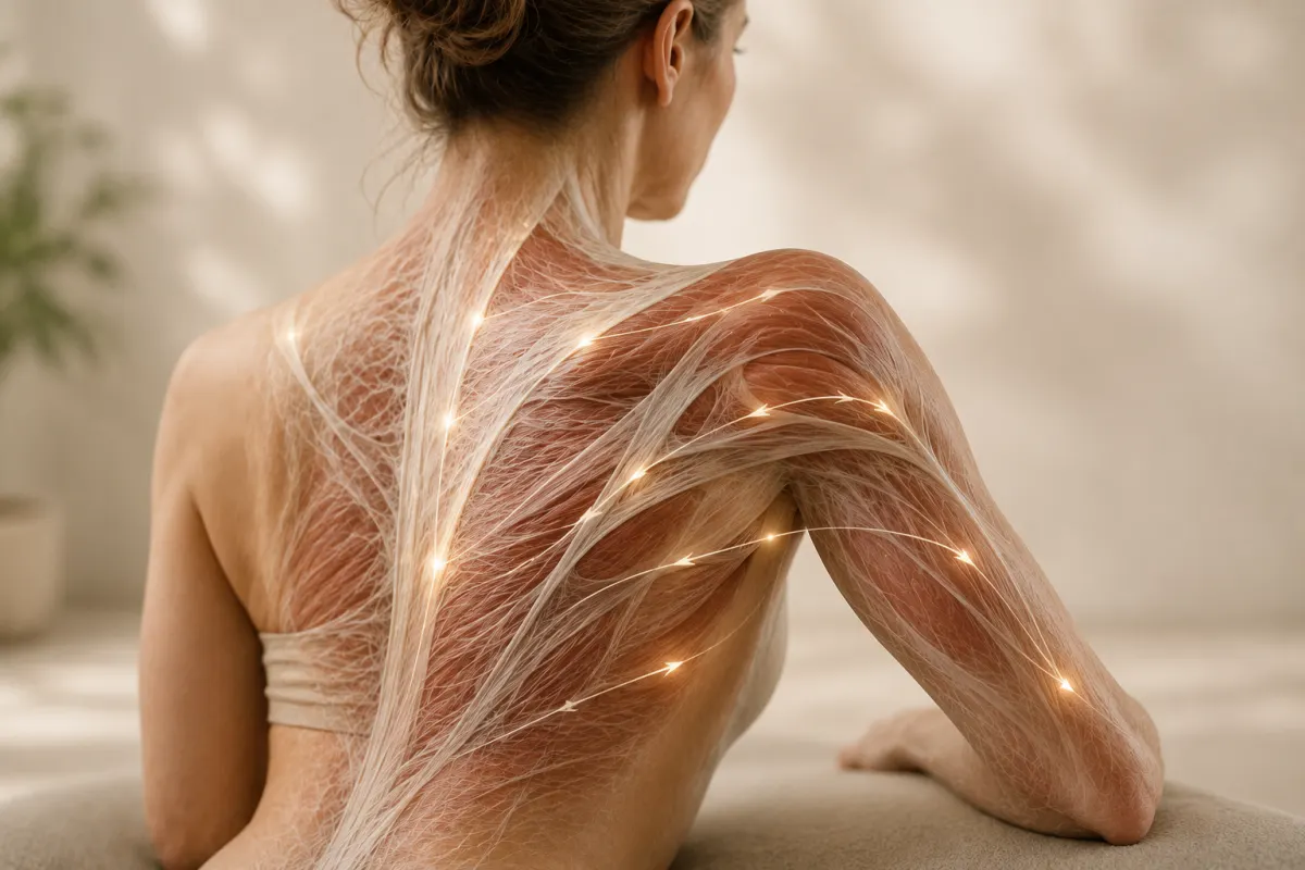Illustration of fascia lines across the upper back and shoulder