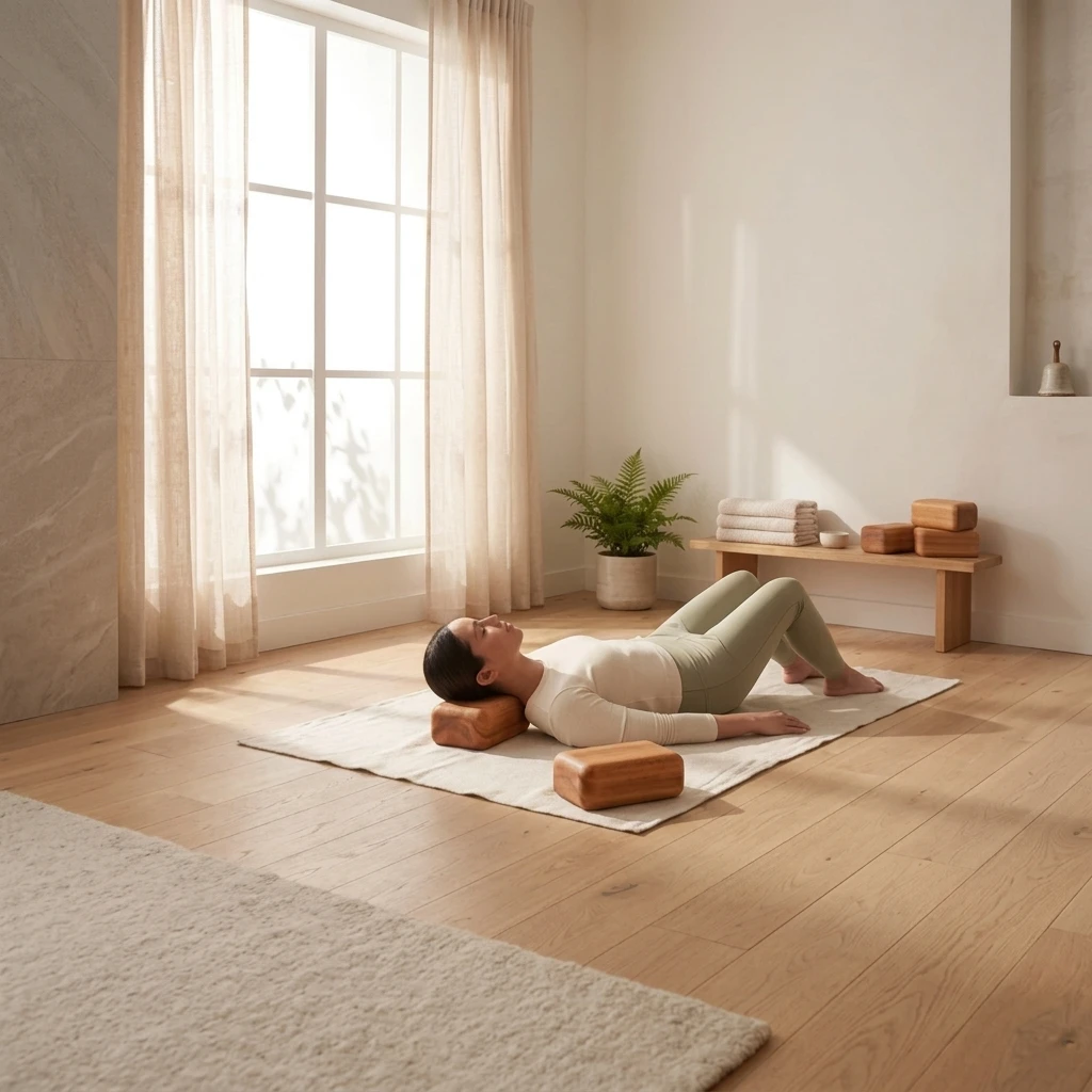 A person relaxing on a yoga mat in a gentle, calming somatic release pose