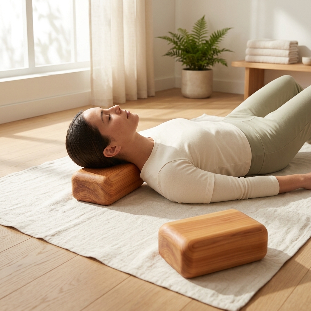 A person relaxing on a yoga mat in a gentle, calming somatic release pose